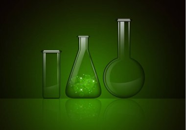 Esrarengiz bir maddesi olan şeffaf cam şişe ve koyu arkaplanda izole edilmiş iki boş cam şişe. Kimyasal ve biyolojik deneyler. Tasarımınız için vektör illüstrasyonu.