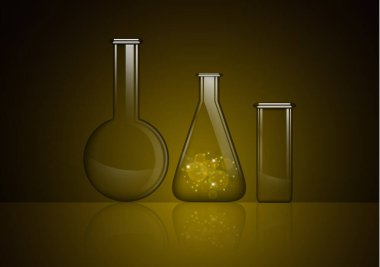Esrarengiz bir maddesi olan şeffaf cam şişe ve koyu arkaplanda izole edilmiş iki boş cam şişe. Kimyasal ve biyolojik deneyler. Tasarımınız için vektör illüstrasyonu.