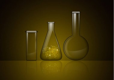 Esrarengiz bir maddesi olan şeffaf cam şişe ve koyu arkaplanda izole edilmiş iki boş cam şişe. Kimyasal ve biyolojik deneyler. Tasarımınız için vektör illüstrasyonu.
