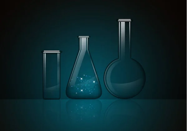 Abstrakt Genomskinlig Glasflaska Med Mystisk Substans Och Två Tomma Glasflaskor — Stock vektor