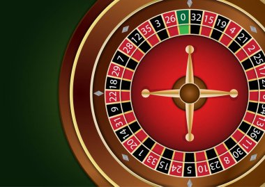 Kumarhane ruleti çarkı yeşil arka planda izole edilmiş. Vektör kumarhane logosu. Tasarımınız için vektör illüstrasyonu.