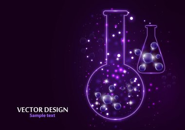 Noktalardan, çizgilerden ve formlardan oluşan çerçeve ızgarası olan bir laboratuvar şişesi test edin. Karanlık bir arka planda vektör illüstrasyon sanat tasarımı. İlaç, biyoloji, kimya afiş şablonu.