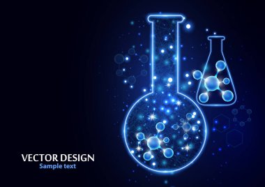 Noktalardan, çizgilerden ve formlardan oluşan çerçeve ızgarası olan bir laboratuvar şişesi test edin. Karanlık bir arka planda vektör illüstrasyon sanat tasarımı. İlaç, biyoloji, kimya afiş şablonu.