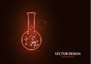 Noktalardan, çizgilerden ve formlardan oluşan çerçeve ızgarası olan bir laboratuvar şişesi test edin. Karanlık bir arka planda vektör illüstrasyon sanat tasarımı. İlaç, biyoloji, kimya afiş şablonu.