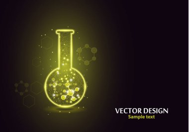 Noktalardan, çizgilerden ve formlardan oluşan çerçeve ızgarası olan bir laboratuvar şişesi test edin. Karanlık bir arka planda vektör illüstrasyon sanat tasarımı. İlaç, biyoloji, kimya afiş şablonu.