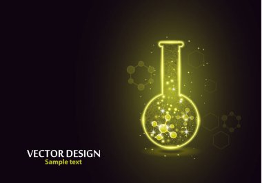 Noktalardan, çizgilerden ve formlardan oluşan çerçeve ızgarası olan bir laboratuvar şişesi test edin. Karanlık bir arka planda vektör illüstrasyon sanat tasarımı. İlaç, biyoloji, kimya afiş şablonu.