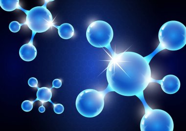 Mavi arka plandaki molekülün modern soyut arka planı. Tıp, bilim, teknoloji, kimya ve biyoteknoloji için tasarım şablonu. Vektör illüstrasyonu