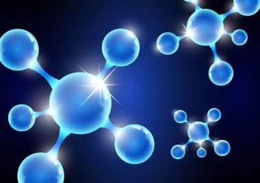 Mavi arka plandaki molekülün modern soyut arka planı. Tıp, bilim, teknoloji, kimya ve biyoteknoloji için tasarım şablonu. Vektör illüstrasyonu