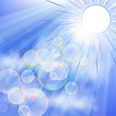 Mavi gökyüzünün soyut arkaplanı, parlak güneş ve bir sürü sabun köpüğü. Temiz hava ve temiz atmosfer fikri. Tasarımınız için vektör illüstrasyonu.