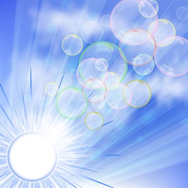 Mavi gökyüzünün soyut arkaplanı, parlak güneş ve bir sürü sabun köpüğü. Temiz hava ve temiz atmosfer fikri. Tasarımınız için vektör illüstrasyonu.