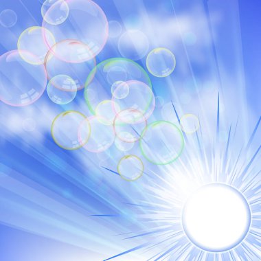 Mavi gökyüzünün soyut arkaplanı, parlak güneş ve bir sürü sabun köpüğü. Temiz hava ve temiz atmosfer fikri. Tasarımınız için vektör illüstrasyonu.