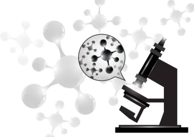 Bakteri, molekül ve maddelerin incelendiği soyut mikroskop arka planı. Bilim, eğitim, kimya, deney, laboratuvar konsepti. Tasarımınız için vektör illüstrasyonu.