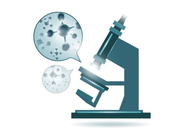 Bakteri, molekül ve maddelerin incelendiği soyut mikroskop arka planı. Bilim, eğitim, kimya, deney, laboratuvar konsepti. Tasarımınız için vektör illüstrasyonu.