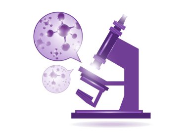 Bakteri, molekül ve maddelerin incelendiği soyut mikroskop arka planı. Bilim, eğitim, kimya, deney, laboratuvar konsepti. Tasarımınız için vektör illüstrasyonu.