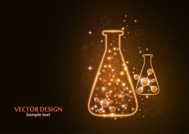 Noktalardan, çizgilerden ve formlardan oluşan çerçeve ızgarası olan bir laboratuvar şişesi test edin. Karanlık bir arka planda vektör illüstrasyon sanat tasarımı. İlaç, biyoloji, kimya afiş şablonu.