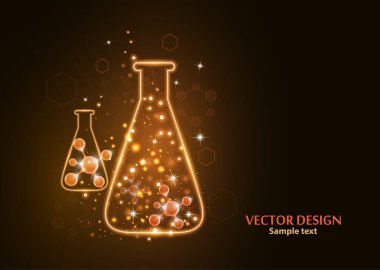 Noktalardan, çizgilerden ve formlardan oluşan çerçeve ızgarası olan bir laboratuvar şişesi test edin. Karanlık bir arka planda vektör illüstrasyon sanat tasarımı. İlaç, biyoloji, kimya afiş şablonu.