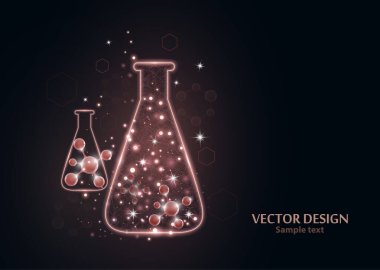 Noktalardan, çizgilerden ve formlardan oluşan çerçeve ızgarası olan bir laboratuvar şişesi test edin. Karanlık bir arka planda vektör illüstrasyon sanat tasarımı. İlaç, biyoloji, kimya afiş şablonu.