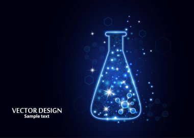 Noktalardan, çizgilerden ve formlardan oluşan çerçeve ızgarası olan bir laboratuvar şişesi test edin. Karanlık bir arka planda vektör illüstrasyon sanat tasarımı. İlaç, biyoloji, kimya afiş şablonu.