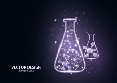 Noktalardan, çizgilerden ve formlardan oluşan çerçeve ızgarası olan bir laboratuvar şişesi test edin. Karanlık bir arka planda vektör illüstrasyon sanat tasarımı. İlaç, biyoloji, kimya afiş şablonu.