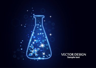 Noktalardan, çizgilerden ve formlardan oluşan çerçeve ızgarası olan bir laboratuvar şişesi test edin. Karanlık bir arka planda vektör illüstrasyon sanat tasarımı. İlaç, biyoloji, kimya afiş şablonu.