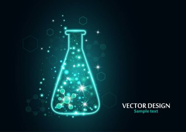 Noktalardan, çizgilerden ve formlardan oluşan çerçeve ızgarası olan bir laboratuvar şişesi test edin. Karanlık bir arka planda vektör illüstrasyon sanat tasarımı. İlaç, biyoloji, kimya afiş şablonu.