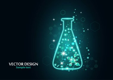 Noktalardan, çizgilerden ve formlardan oluşan çerçeve ızgarası olan bir laboratuvar şişesi test edin. Karanlık bir arka planda vektör illüstrasyon sanat tasarımı. İlaç, biyoloji, kimya afiş şablonu.