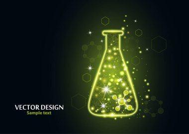 Noktalardan, çizgilerden ve formlardan oluşan çerçeve ızgarası olan bir laboratuvar şişesi test edin. Karanlık bir arka planda vektör illüstrasyon sanat tasarımı. İlaç, biyoloji, kimya afiş şablonu.