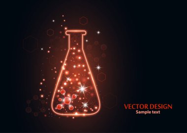 Noktalardan, çizgilerden ve formlardan oluşan çerçeve ızgarası olan bir laboratuvar şişesi test edin. Karanlık bir arka planda vektör illüstrasyon sanat tasarımı. İlaç, biyoloji, kimya afiş şablonu.