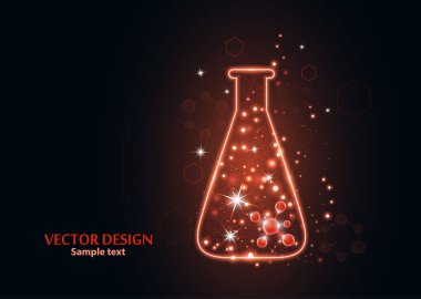 Noktalardan, çizgilerden ve formlardan oluşan çerçeve ızgarası olan bir laboratuvar şişesi test edin. Karanlık bir arka planda vektör illüstrasyon sanat tasarımı. İlaç, biyoloji, kimya afiş şablonu.