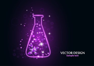 Noktalardan, çizgilerden ve formlardan oluşan çerçeve ızgarası olan bir laboratuvar şişesi test edin. Karanlık bir arka planda vektör illüstrasyon sanat tasarımı. İlaç, biyoloji, kimya afiş şablonu.
