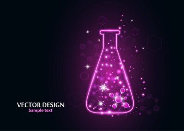 Noktalardan, çizgilerden ve formlardan oluşan çerçeve ızgarası olan bir laboratuvar şişesi test edin. Karanlık bir arka planda vektör illüstrasyon sanat tasarımı. İlaç, biyoloji, kimya afiş şablonu.