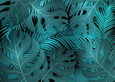 Parlak, güzel, yaratıcı tropikal canavar yaprakları ve palmiye yaprakları. Tasarımınız için vektör illüstrasyonu.