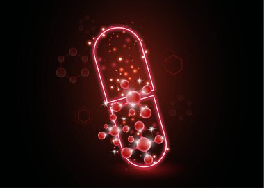 Soyut neon kapsül, moleküllü hap. Tıp, sağlık, eczane ve modern bilim konsepti. Tasarımınız için vektör illüstrasyonu.