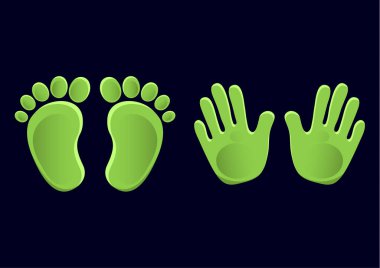 Bebek ayak izleri ve el izleri, ikon. Soyut kavram. Düz dizayn. Siyah arkaplanda vektör illüstrasyonu.