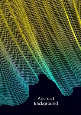 Siyah arka planda soyut dalgalı kare ızgara. Parlak renk değişimi. Duvar kâğıdı, afiş, kapak, broşür için şık bir zemin. İş planı. Vektör illüstrasyonu