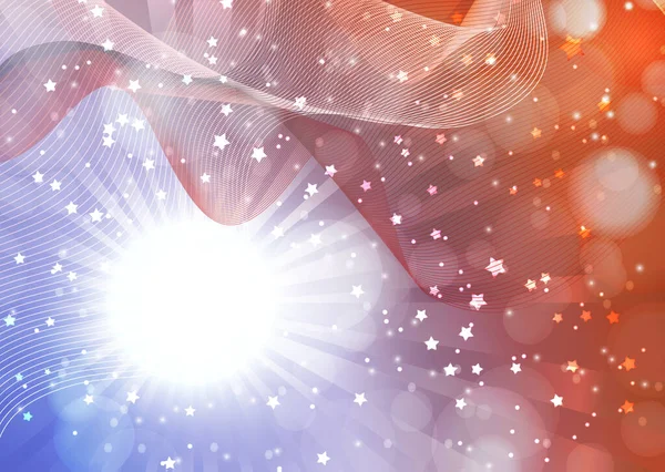 明るい抽象的な組成 太陽のフラッシュ 波状のブレンドライン 輝く粒子 グレア ボケ味の魔法のコンセプト背景 ベクターイラスト — ストックベクタ