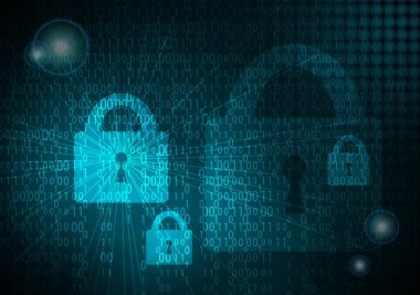 Dijital kilit korumalı ikili kod işareti. Küresel ağ geçmişinde soyut güvenlik teknolojisi, siber güvenlik. Vektör illüstrasyonu