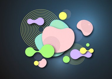 Dinamik renk şekilleri ve çizgiler. Mavi zemin üzerinde akan sıvı formları olan soyut bileşim. Tasarım afişi, el ilanı veya sunum şablonu. Vektör illüstrasyonu