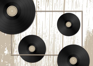 Eski ahşap arka planda vinil diskleri olan müzik konsepti. Tasarımınız için vektör illüstrasyonu.