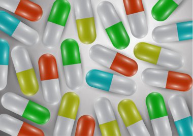 Parlak haplarla, kapsüllerle dolu bir geçmiş. İyi sağlık ve antibiyotikler için vitamin hapları. Web sitesi afişi. Eczane, ağrı kesici kapsüller ve ilaçlar. Vektör illüstrasyonu