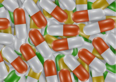 Parlak haplarla, kapsüllerle dolu bir geçmiş. İyi sağlık ve antibiyotikler için vitamin hapları. Web sitesi afişi. Eczane, ağrı kesici kapsüller ve ilaçlar. Vektör illüstrasyonu