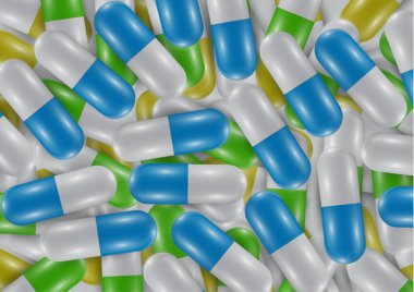 Parlak haplarla, kapsüllerle dolu bir geçmiş. İyi sağlık ve antibiyotikler için vitamin hapları. Web sitesi afişi. Eczane, ağrı kesici kapsüller ve ilaçlar. Vektör illüstrasyonu