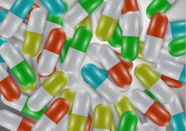 Parlak haplarla, kapsüllerle dolu bir geçmiş. İyi sağlık ve antibiyotikler için vitamin hapları. Web sitesi afişi. Eczane, ağrı kesici kapsüller ve ilaçlar. Vektör illüstrasyonu