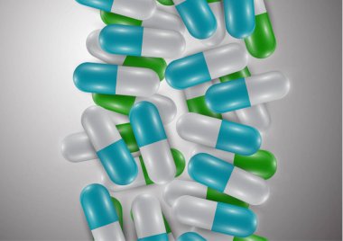 Parlak haplarla, kapsüllerle dolu bir geçmiş. İyi sağlık ve antibiyotikler için vitamin hapları. Web sitesi afişi. Eczane, ağrı kesici kapsüller ve ilaçlar. Vektör illüstrasyonu