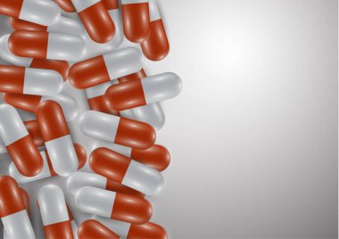 Parlak haplarla, kapsüllerle dolu bir geçmiş. İyi sağlık ve antibiyotikler için vitamin hapları. Web sitesi afişi. Eczane, ağrı kesici kapsüller ve ilaçlar. Vektör illüstrasyonu