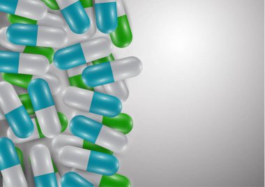 Parlak haplarla, kapsüllerle dolu bir geçmiş. İyi sağlık ve antibiyotikler için vitamin hapları. Web sitesi afişi. Eczane, ağrı kesici kapsüller ve ilaçlar. Vektör illüstrasyonu