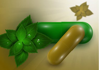 Parlak haplar, kapsüller, doğal bitki yaprakları. Sağlık için vitamin hapları. Site için poster afişi. Eczane, doğal ilaçlar. Vektör illüstrasyonu