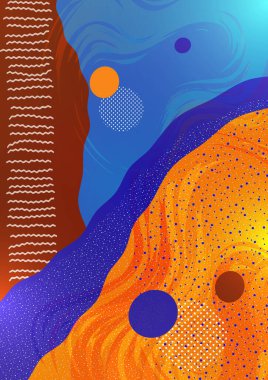 Modern geometrik dalga desenli arka plan, dinamik sıvı şekilleri, soyut çizgili çizgiler, küçük parçacıklar, parlak renkler. Kapak tasarımı, poster, broşür, kitap tasarımı. Vektör illüstrasyonu