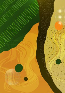 Modern geometrik dalga desenli arka plan, dinamik sıvı şekilleri, soyut çizgili çizgiler, küçük parçacıklar, parlak renkler. Kapak tasarımı, poster, broşür, kitap tasarımı. Vektör illüstrasyonu