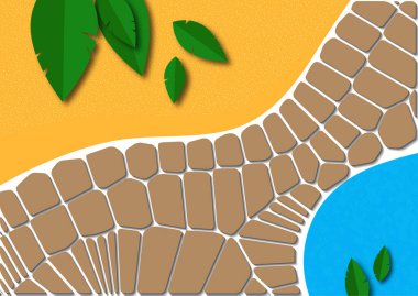 Soyut taştan yapılmış bir yol ve kağıttan kesilmiş yapraklarla kolaj. Poster, kapak, kartpostal, davetiye, broşür, broşür için tasarım. Vektör illüstrasyonu.